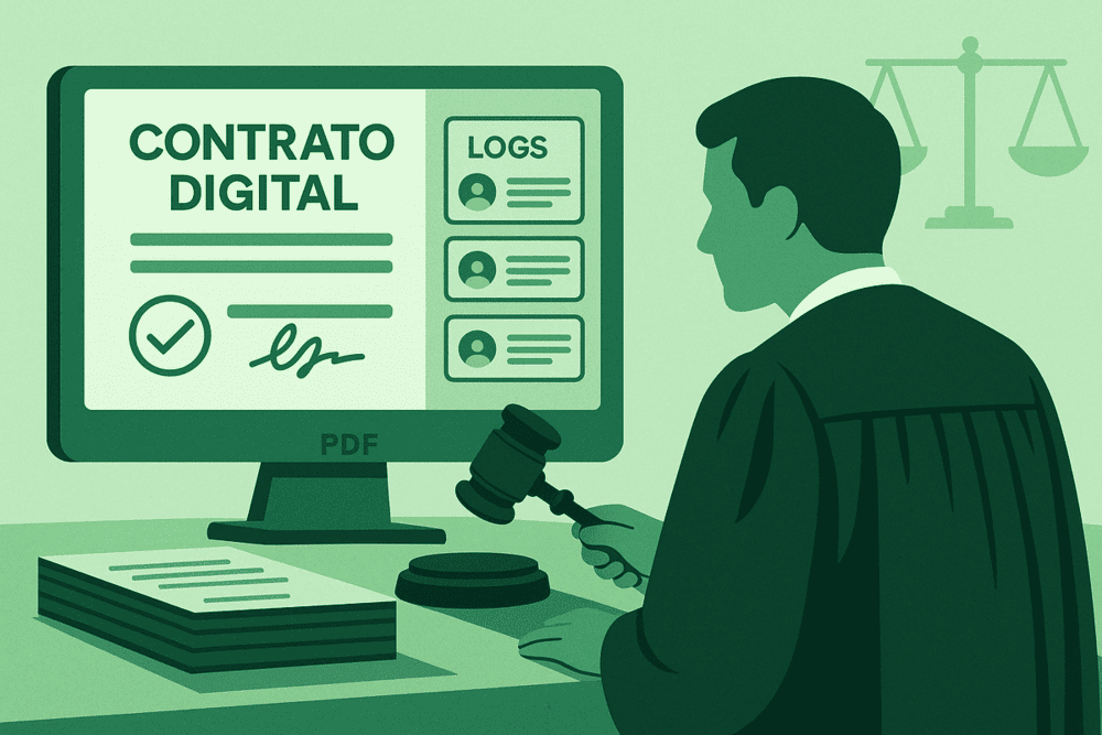 Prova de contrato digital em banner retangular com juiz, contrato eletrônico e ícones de logs, ilustrando como o juiz analisa contratos digitais em um processo