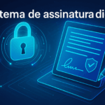 Ilustração tecnológica de um sistema de assinatura digital com contratos eletrônicos e fluxo de aprovação online