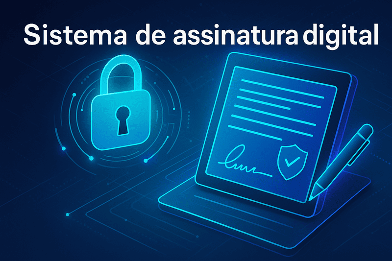 Ilustração tecnológica de um sistema de assinatura digital com contratos eletrônicos e fluxo de aprovação online