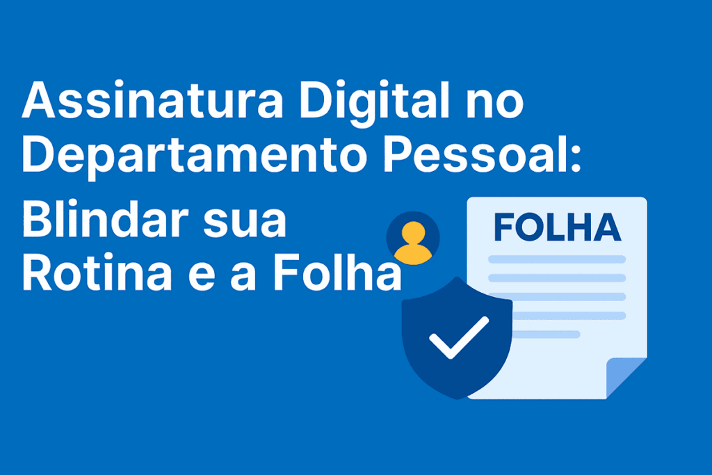 Assinatura digital no Departamento Pessoal com ícone de folha de pagamento e escudo de segurança representando rotina blindada e sem papel.