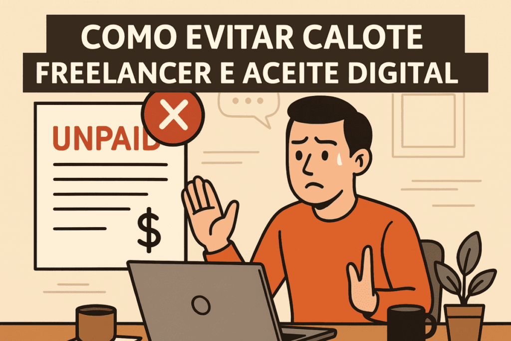 Ilustração de um freelancer preocupado com documento não pago, acompanhada do título “Como evitar calote – freelancer e aceite digital”, usada como imagem destaque do artigo da SuperSign.