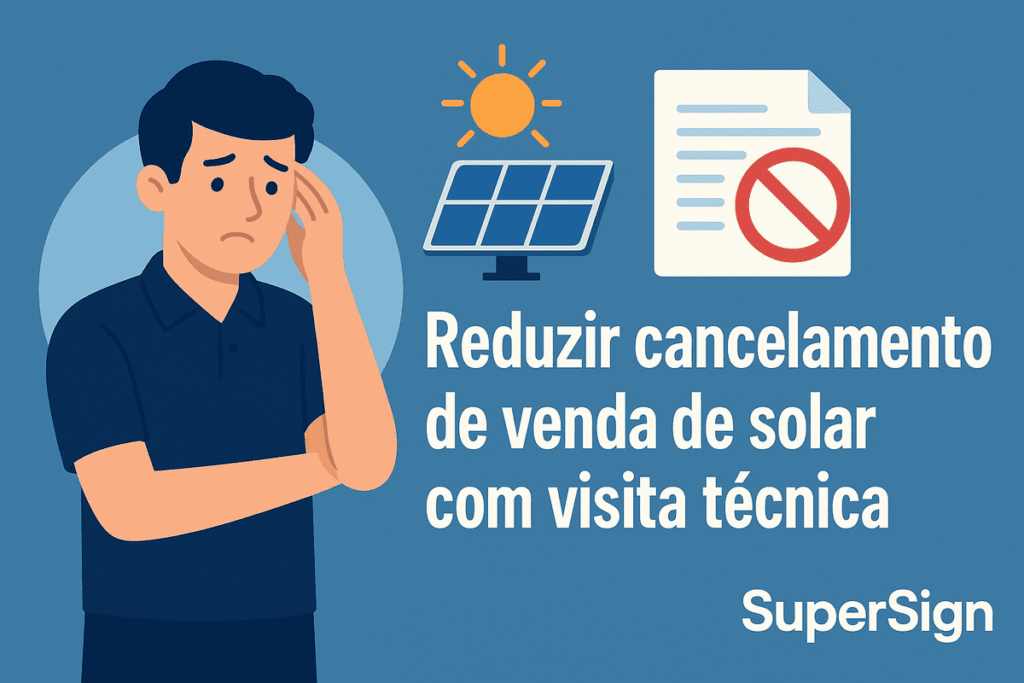 Ilustração de um técnico preocupado ao lado de ícones de energia solar e documento cancelado, com o título “Reduzir cancelamento de venda de solar com visita técnica”, imagem destaque do artigo da SuperSign.