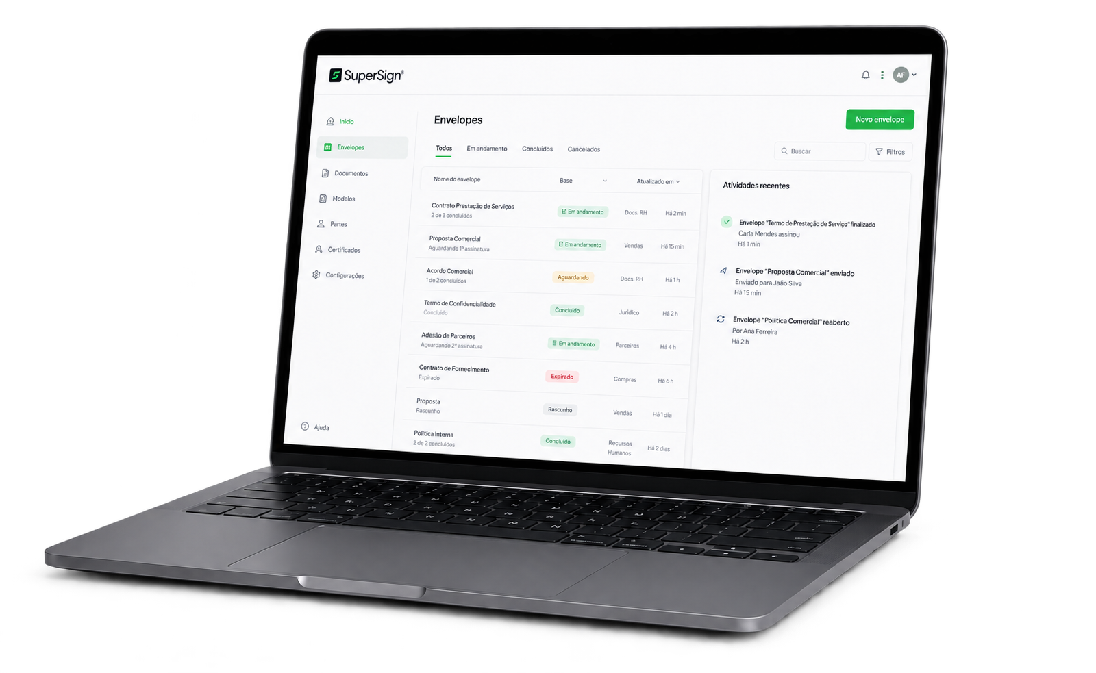 Painel da plataforma SuperSign para criar, enviar e acompanhar assinaturas eletrônicas
