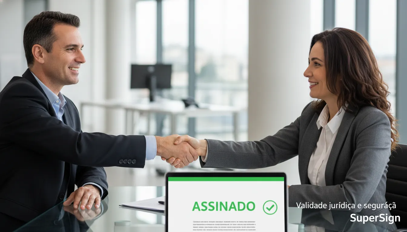 Profissionais apertando mãos após contrato digital, destacando validade jurídica e segurança na (gestão de documentos) com SuperSign.