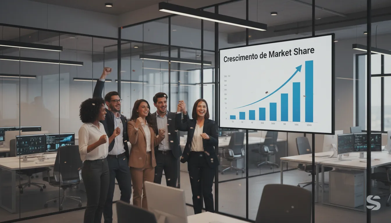 Equipe de negócios celebra crescimento significativo em gráfico digital, resultado da eficiência que impacta o market share.