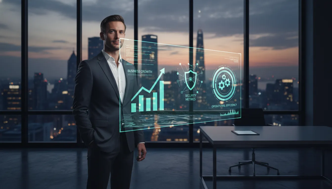 CEO visualiza KPIs e análises de dados seguras, demonstrando o poder dos sistemas de informação para escalar operações.