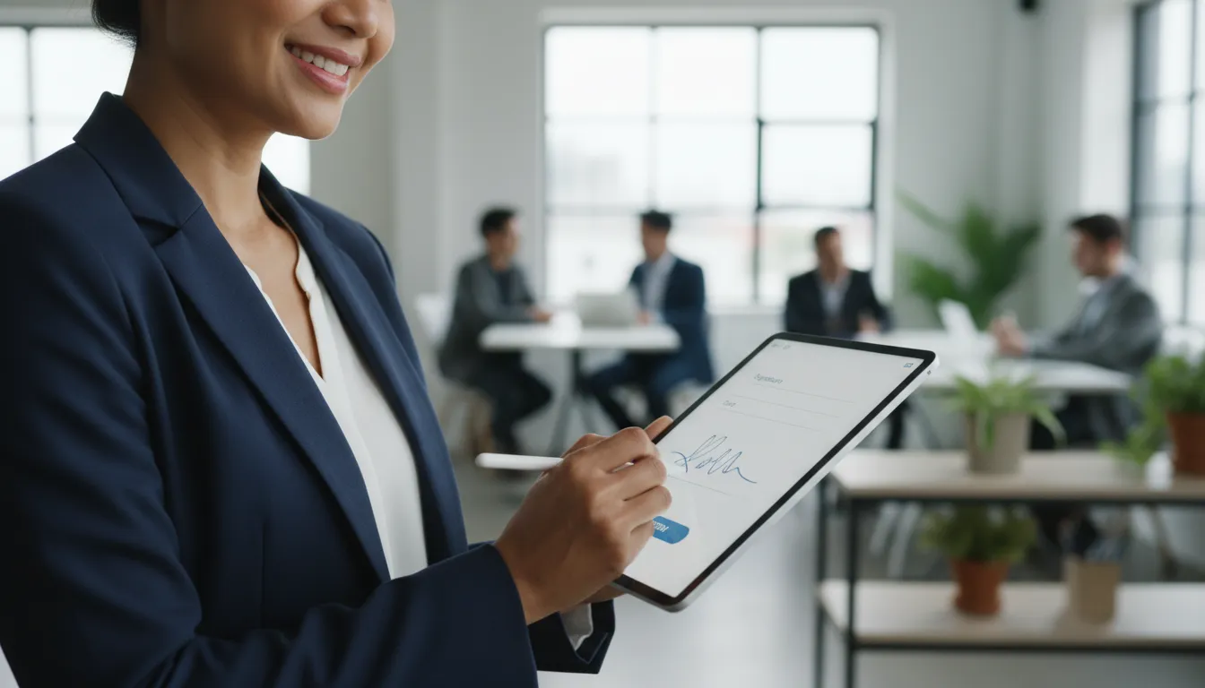 Um profissional assinando digitalmente um contrato em tablet, simbolizando agilidade e validade jurídica. Transforme o que é um documento autenticado.
