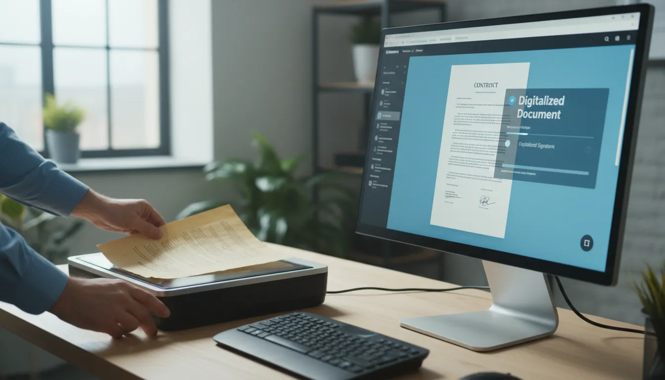 Mão escaneia documento físico, criando um exemplo de assinatura digitalizada para formalização de contratos online.