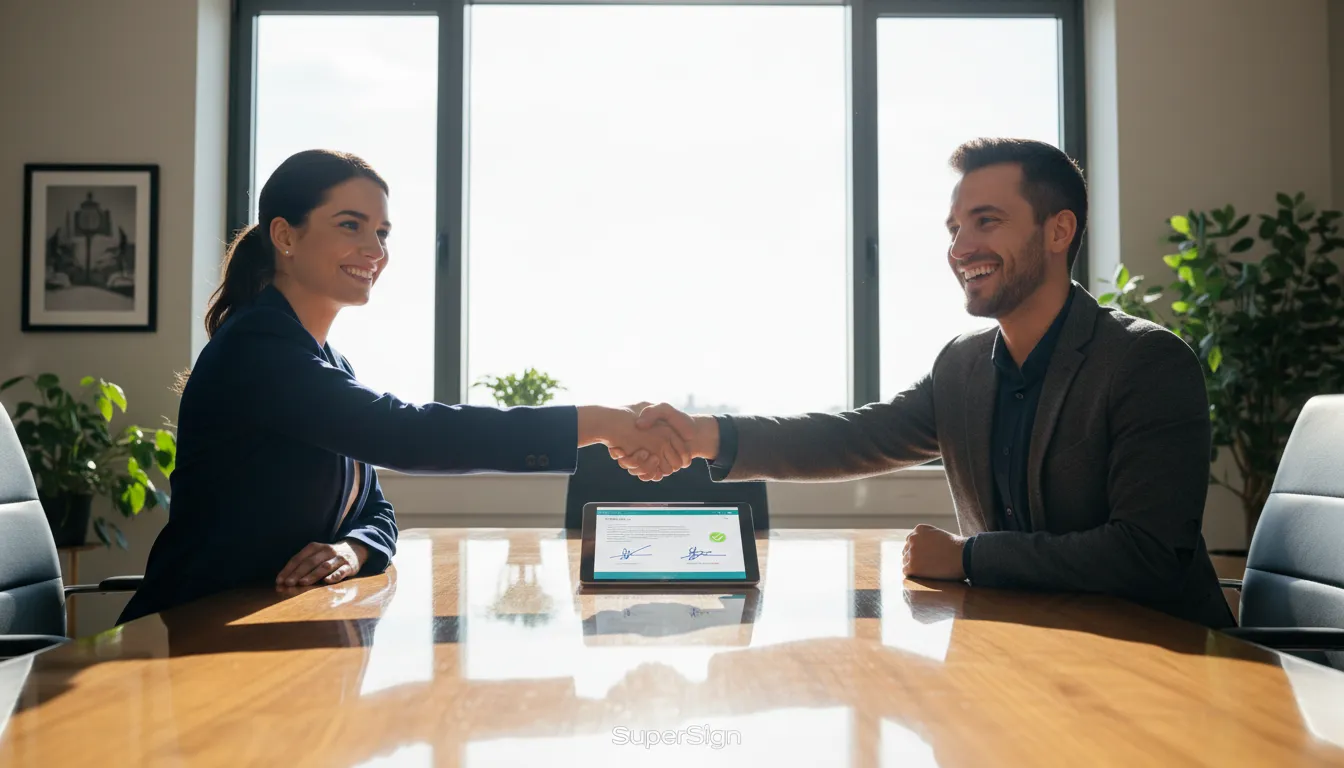 Dois profissionais fechando um negócio com um aperto de mãos, validando um contrato digital assinado. A satisfação de todos os stakeholders é evidente.