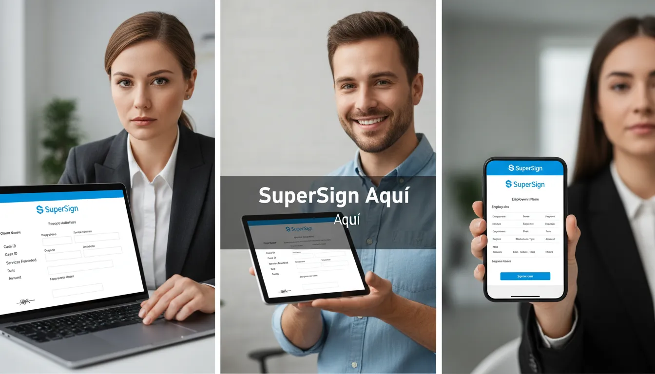 Montagem de profissionais usando a SuperSign em diversos dispositivos para criar e assinar um recibo de pagamento, ilustrando a versatilidade da plataforma.