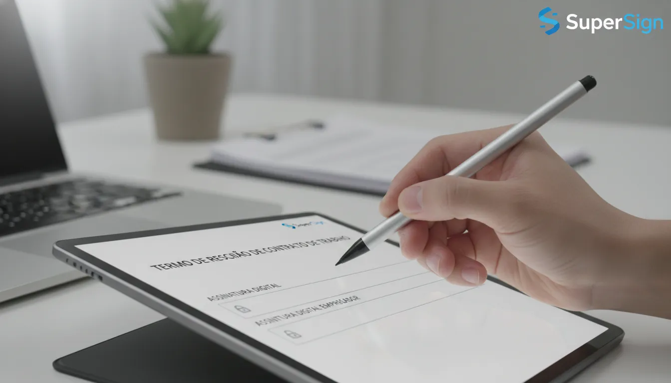 Mão assina digitalmente um termo de rescisão de contrato de trabalho em tablet, mostrando agilidade e validade jurídica.