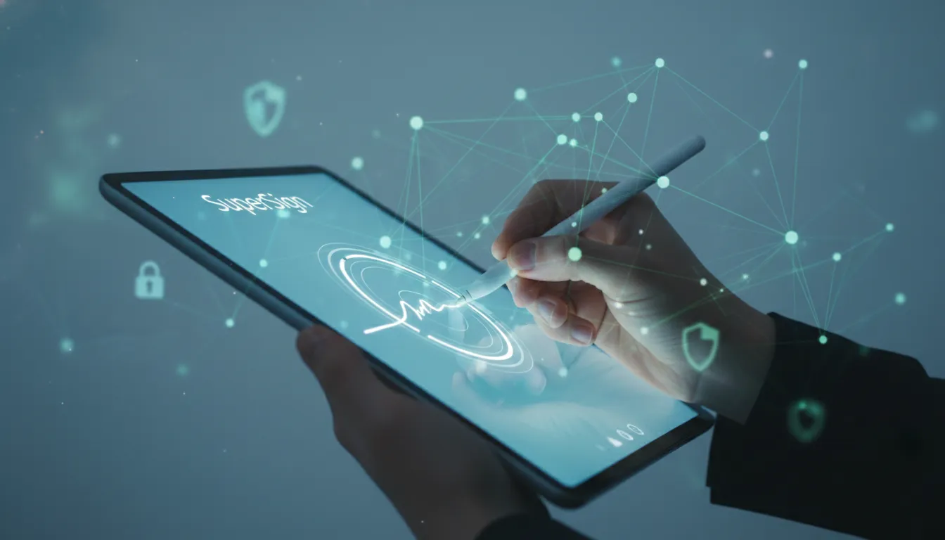 Mão assina documento digital via SuperSign, simbolizando sistemas de informação seguros e validade jurídica para negócios.
