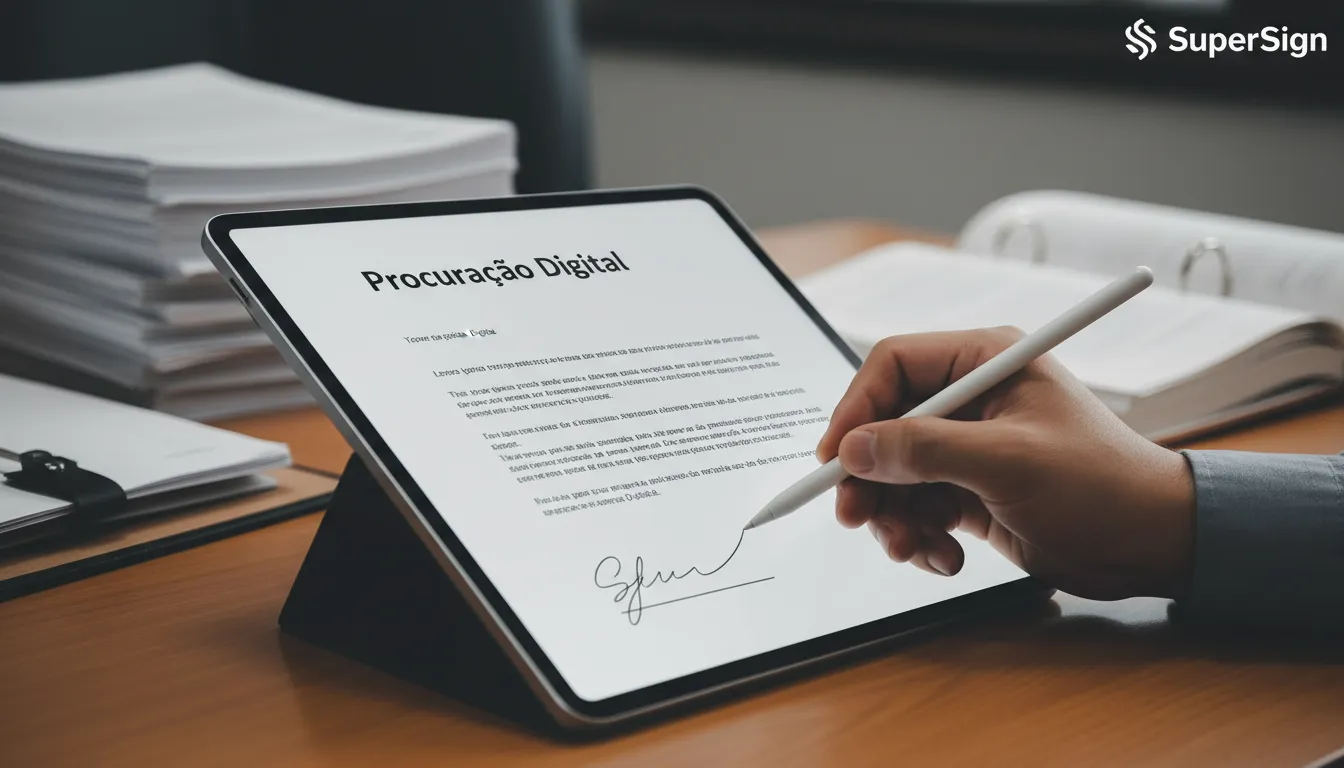 Close-up de uma assinatura eletrônica em um tablet, demonstrando como fazer procuração por e-mail com validade jurídica.