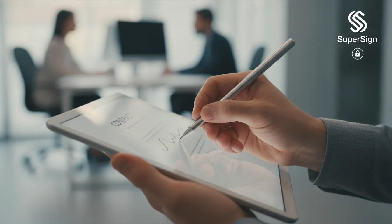 Assinatura eletrônica de contratos no departamento pessoal via tablet, eliminando burocracia do papel.