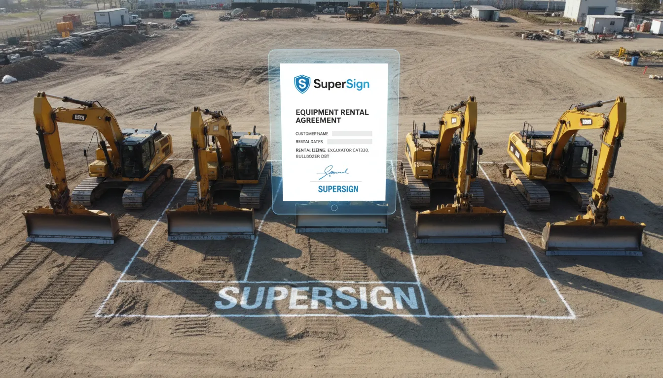 Visão aérea de equipamentos de construção e um tablet exibindo um contrato de locação de equipamentos com o logo da SuperSign, destacando a facilidade de gestão.