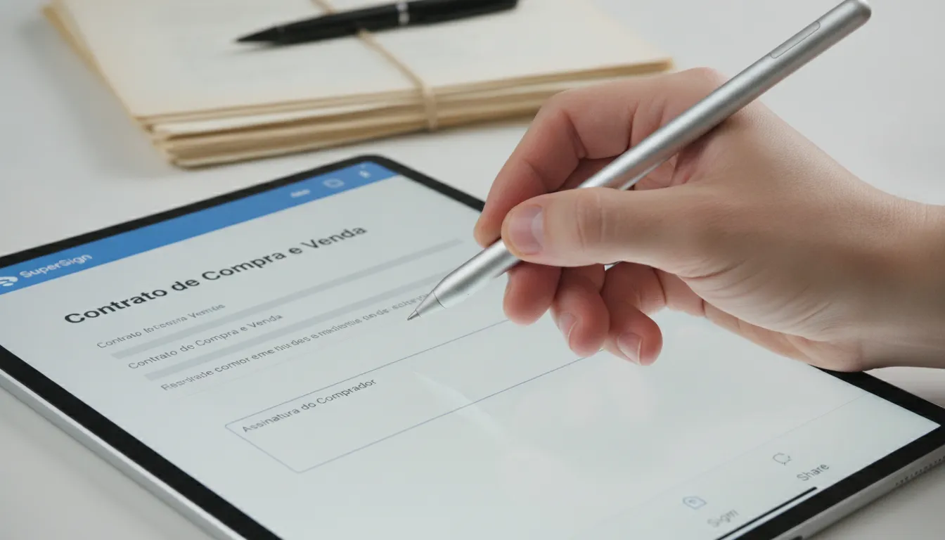 Mão assina contrato de compra e venda eletronicamente em tablet, contrastando com papel.