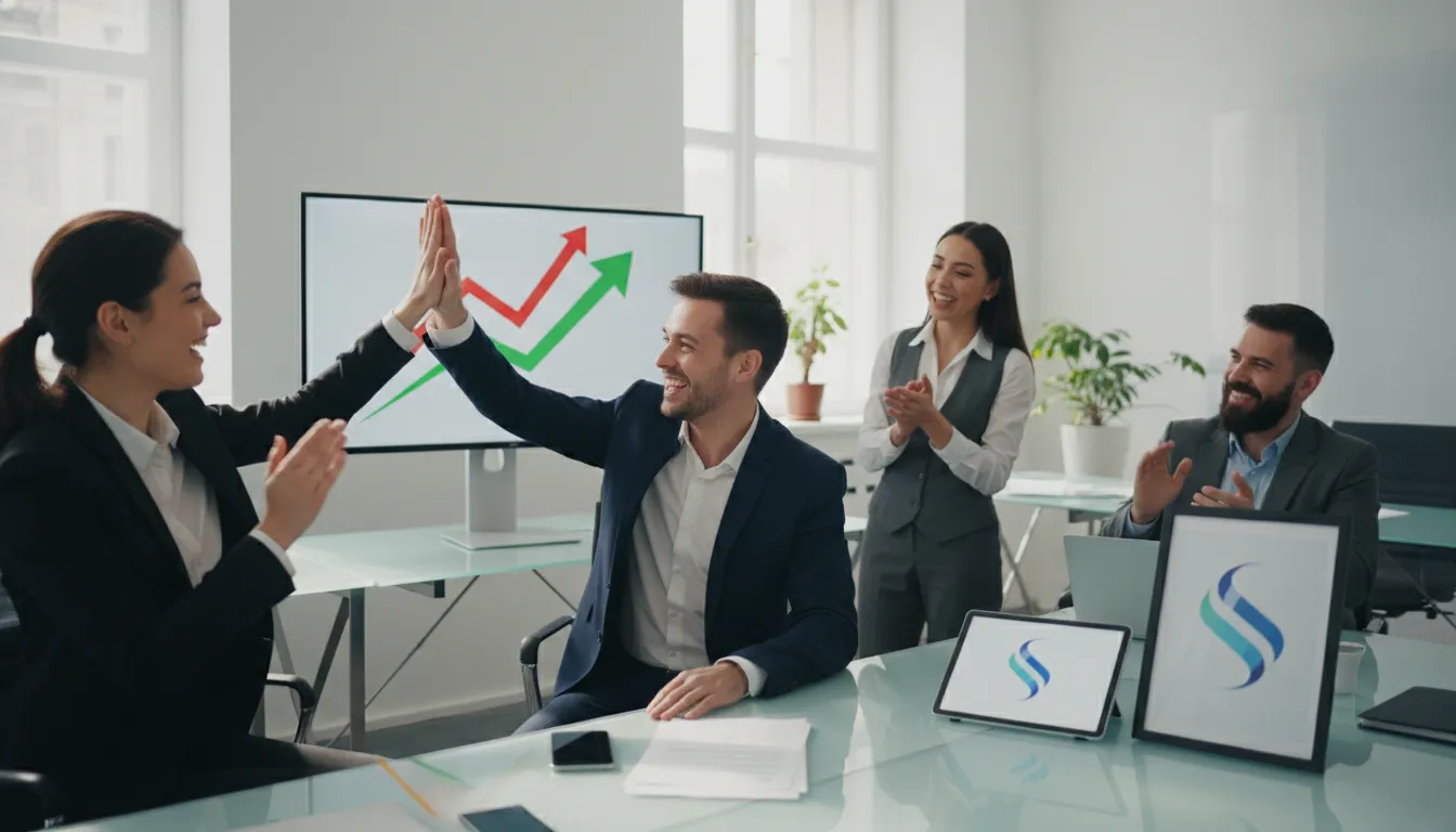 Equipe celebra metas alcançadas, demonstrando sucesso do planejamento estratégico e agilidade nos negócios.