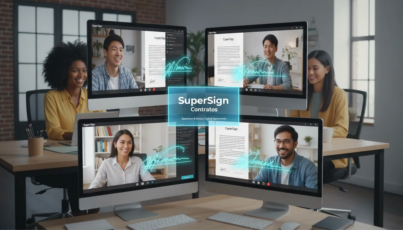 Equipe diversa colaborando online e assinando um contrato de trabalho home office modelo digitalmente, mostrando a eficiência da SuperSign.