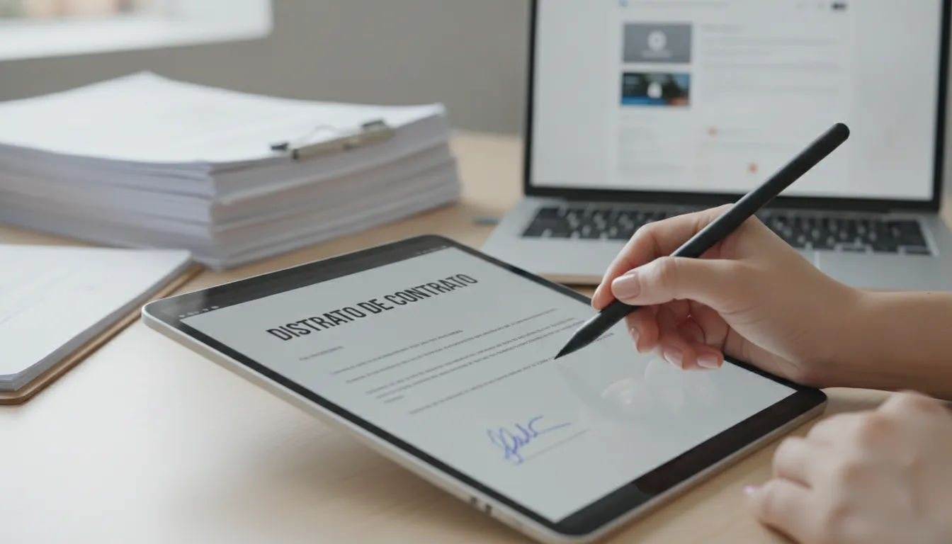 Mão assina digitalmente distrato de contrato em tablet, destacando formalização eletrônica de rescisão legal.