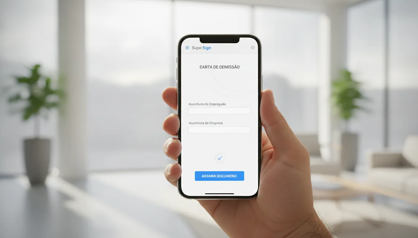 Mão segurando smartphone exibe carta de demissão em plataforma SuperSign, focando na assinatura eletrônica e agilidade.