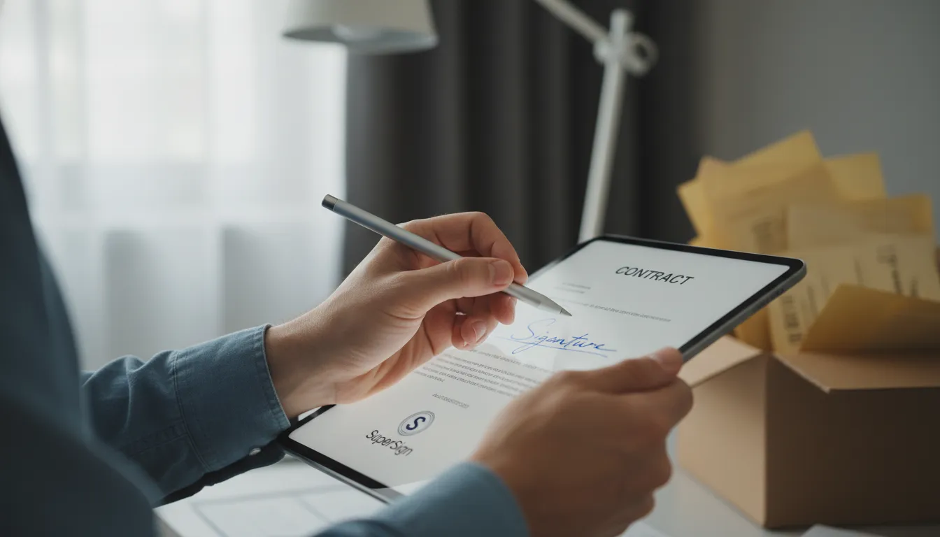 Mãos usando stylus para assinatura eletronica em tablet, contrastando com pilhas de papel, agilidade SuperSign.
