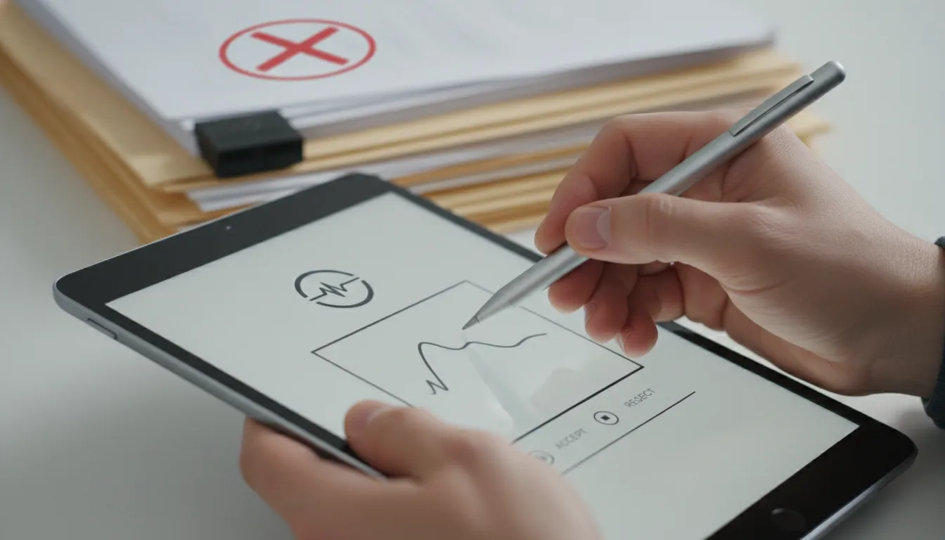 Mão assina contrato digitalmente em tablet, simbolizando a agilidade da assessoria juridica e SuperSign.