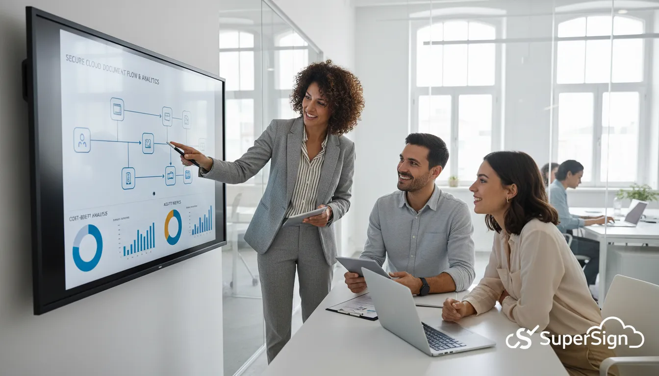 Equipe diversa colabora em sala moderna com tela digital, mostrando gestão de documentos ágil e segura para contratação intermitente, reforçando o que é contratação intermitente.