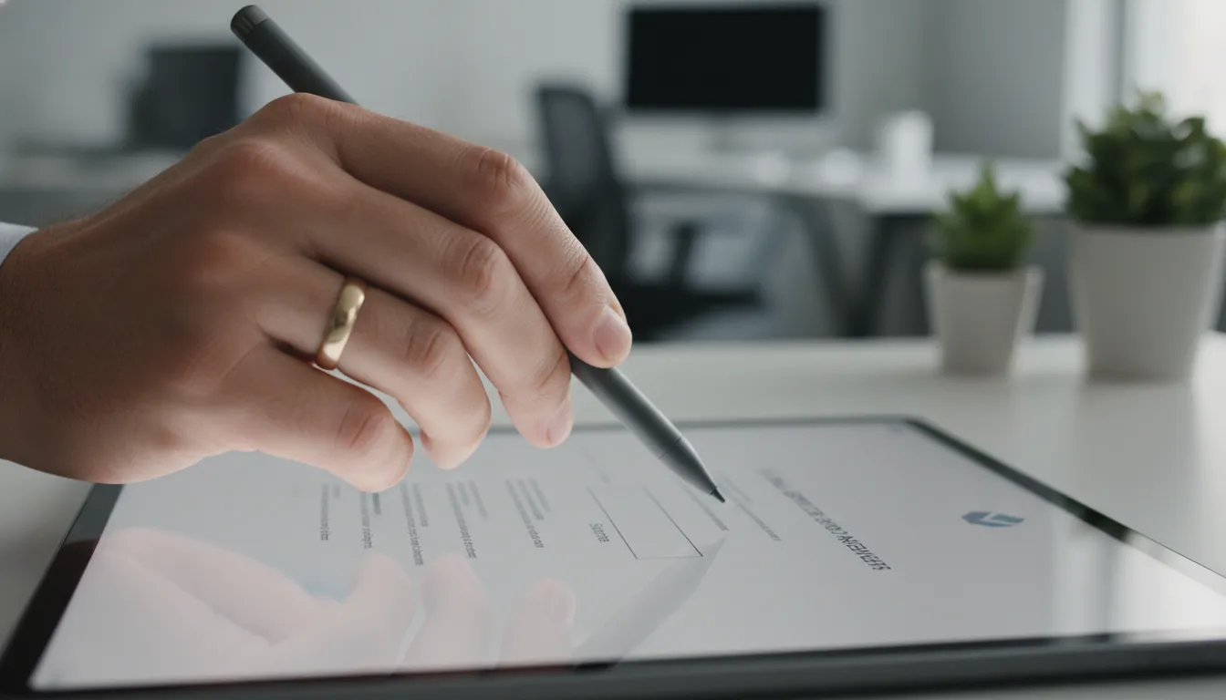 Mão assina contrato de prestação de serviços digitalmente em tablet, destacando a facilidade da assinatura eletrônica.