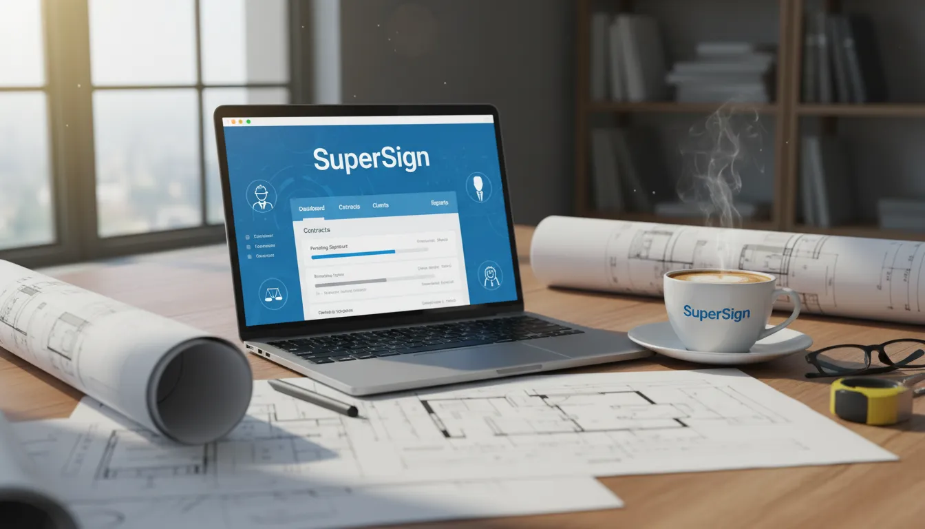Uma mesa de arquiteto com a plataforma SuperSign em um laptop, mostrando a versatilidade da ferramenta para gerenciamento de contrato de aluguel.