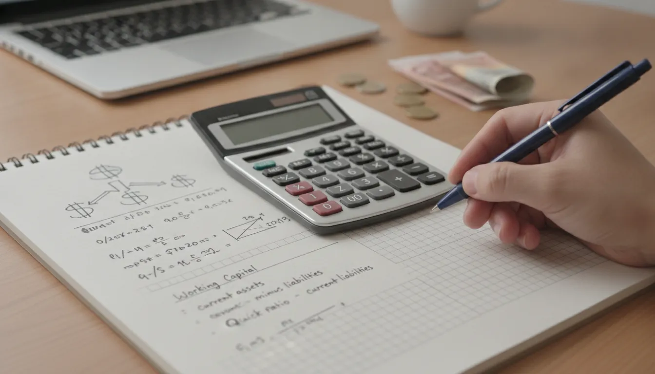 Cálculo detalhado do capital de giro em um caderno, com dinheiro e calculadora para gestão financeira.