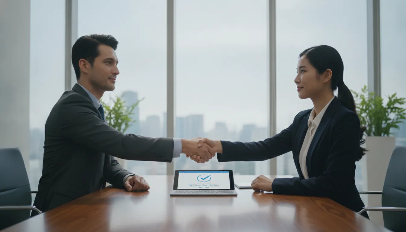 Profissionais apertam mãos após formalizar distrato de contrato digitalmente, simbolizando resolução e novos inícios.