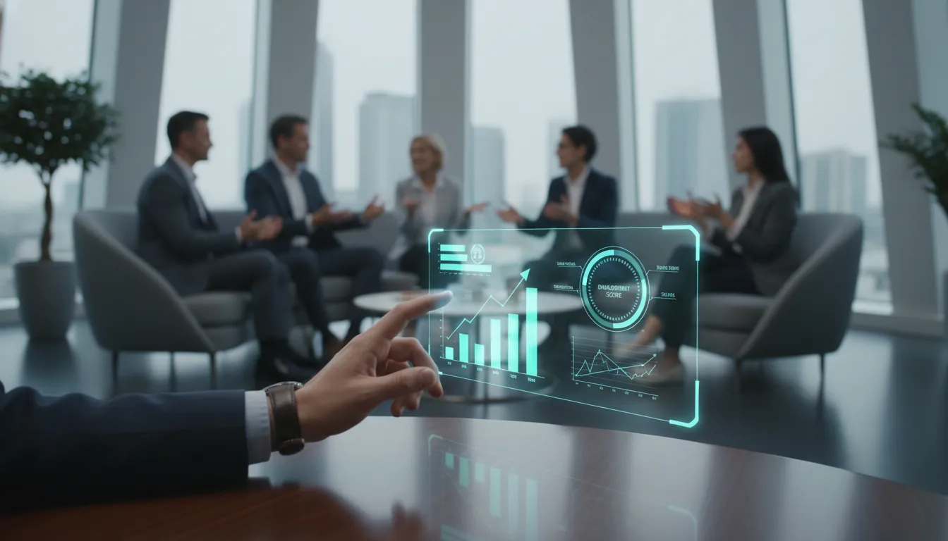 Interface holográfica exibe dados de gestão de pessoas, KPIs e engajamento, com equipe discutindo ao fundo.