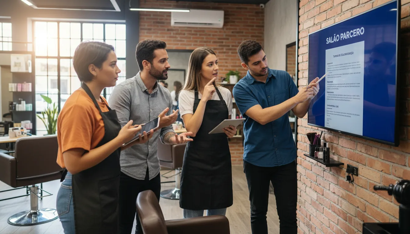 Profissionais de beleza diversos colaborando e revisando contrato em tela grande, representando a lei salão parceiro.