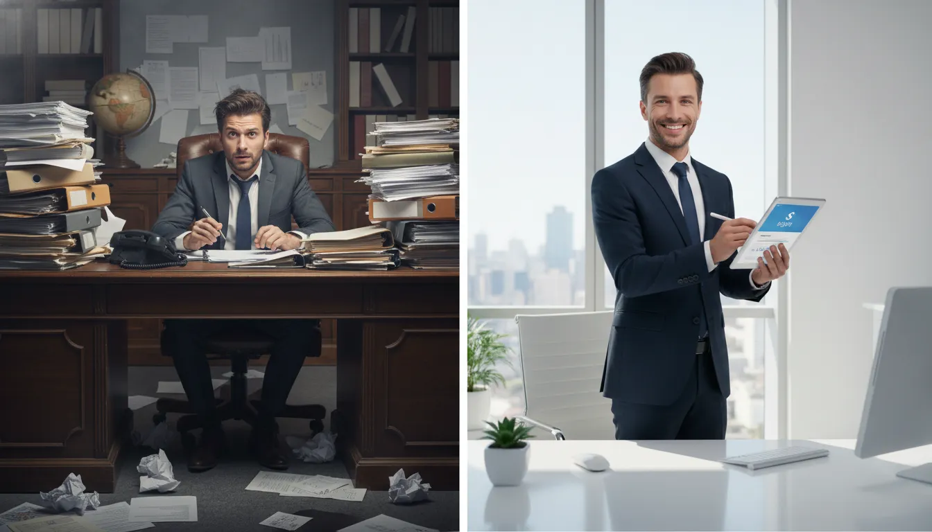 Contraste: a agilidade da assinatura eletrônica de um contrato SuperSign versus a burocracia do papel, agilizando aprovações de stakeholders.