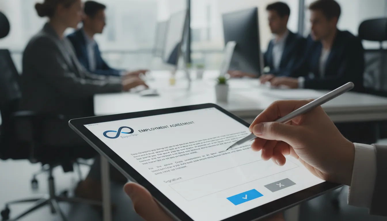 Mão assina digitalmente contrato de trabalho em tablet, simbolizando agilidade e conformidade com direito do trabalho.