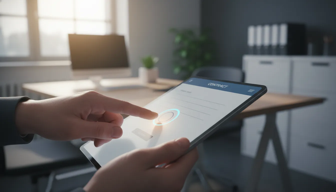 Mãos digitando em tablet com interface de assinatura eletrônica, simplificando a gestão de documentos para contratação intermitente, demonstrando agilidade para o que é contratação intermitente.