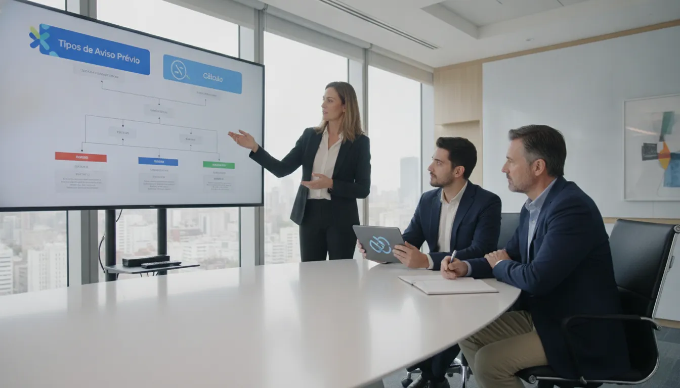 Profissionais discutem tipos e cálculo do aviso prévio em reunião, utilizando ferramentas digitais SuperSign.