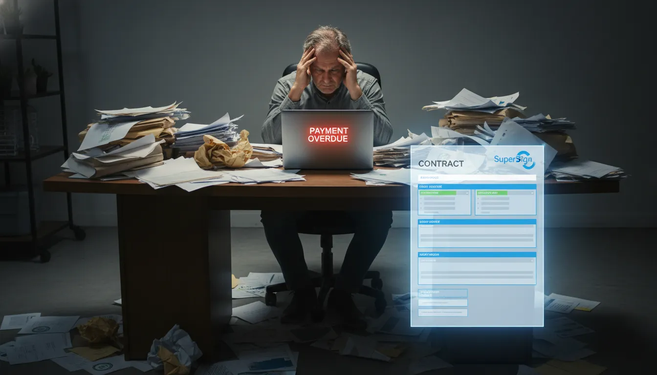 Empresário estressado com calotes e papéis, contrastando com a clareza de um contrato de prestação de serviços digital.