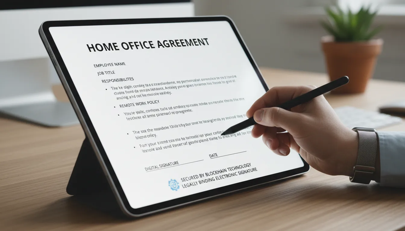 Close-up de um tablet mostrando um contrato de trabalho home office modelo, prestes a ser assinado digitalmente, enfatizando a segurança e validade jurídica.