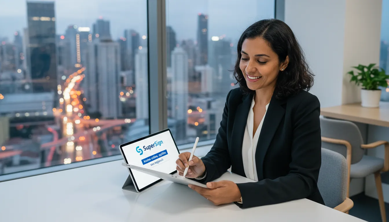 Profissional usando tablet para assinatura eletrônica, simbolizando a modernização da (gestão de documentos) com agilidade digital SuperSign.