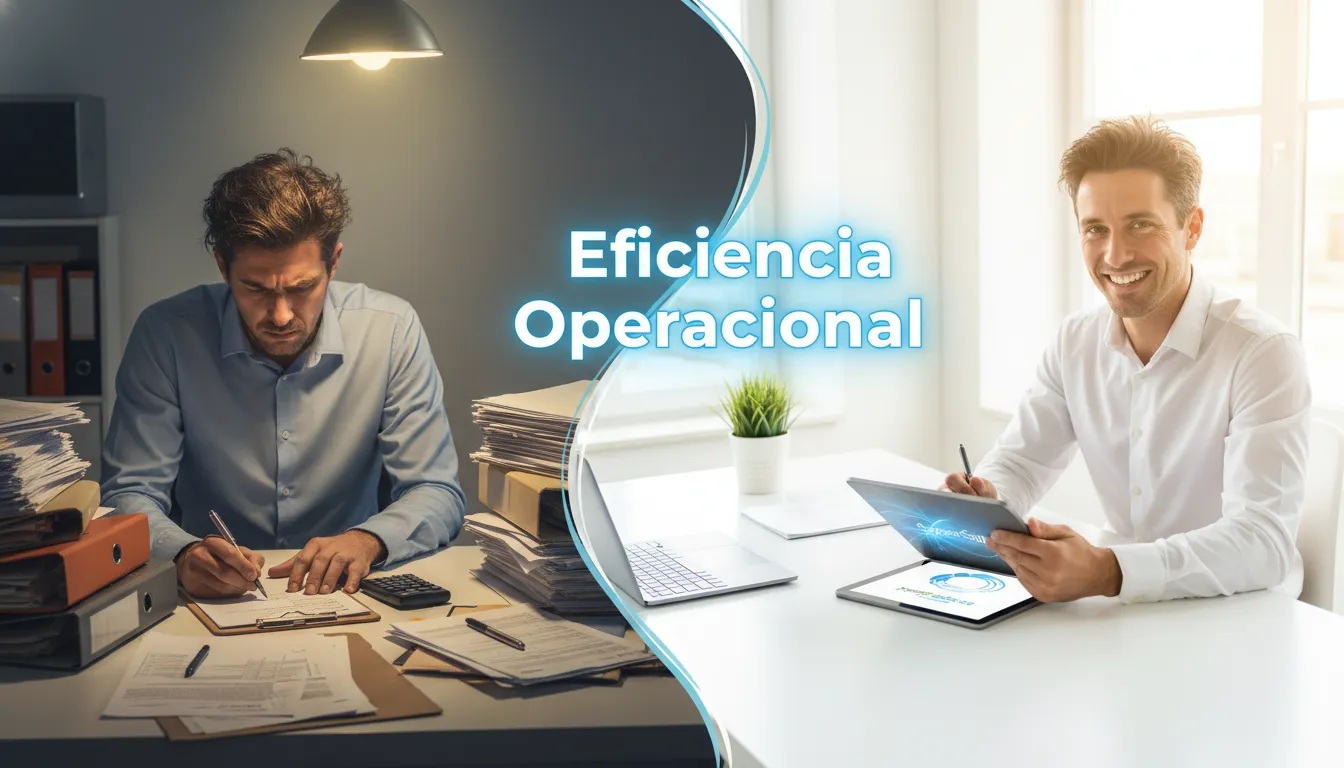 Contraste entre a burocracia do papel e a eficiência digital de uma plataforma, mostrando como otimizar processos para o market share.