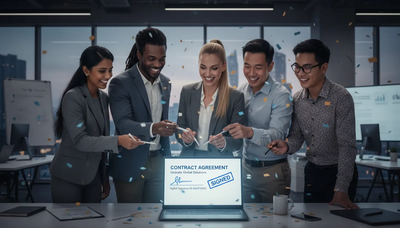 Equipe celebra a formalização de contrato digital exibido em laptop, simbolizando agilidade e inovação