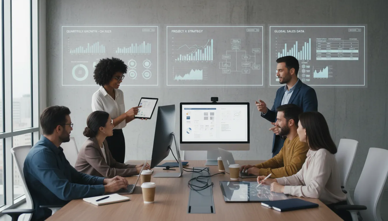 Equipe reunida trocando informações e documentos digitais em ambiente empresarial produtivo