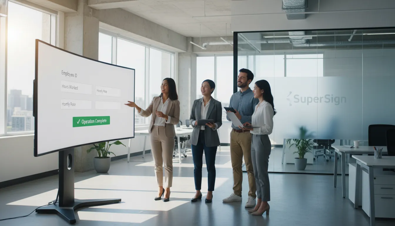 Equipe de escritório celebrando a simplificação da folha de pagamento com sistema digital, reduzindo custos operacionais.