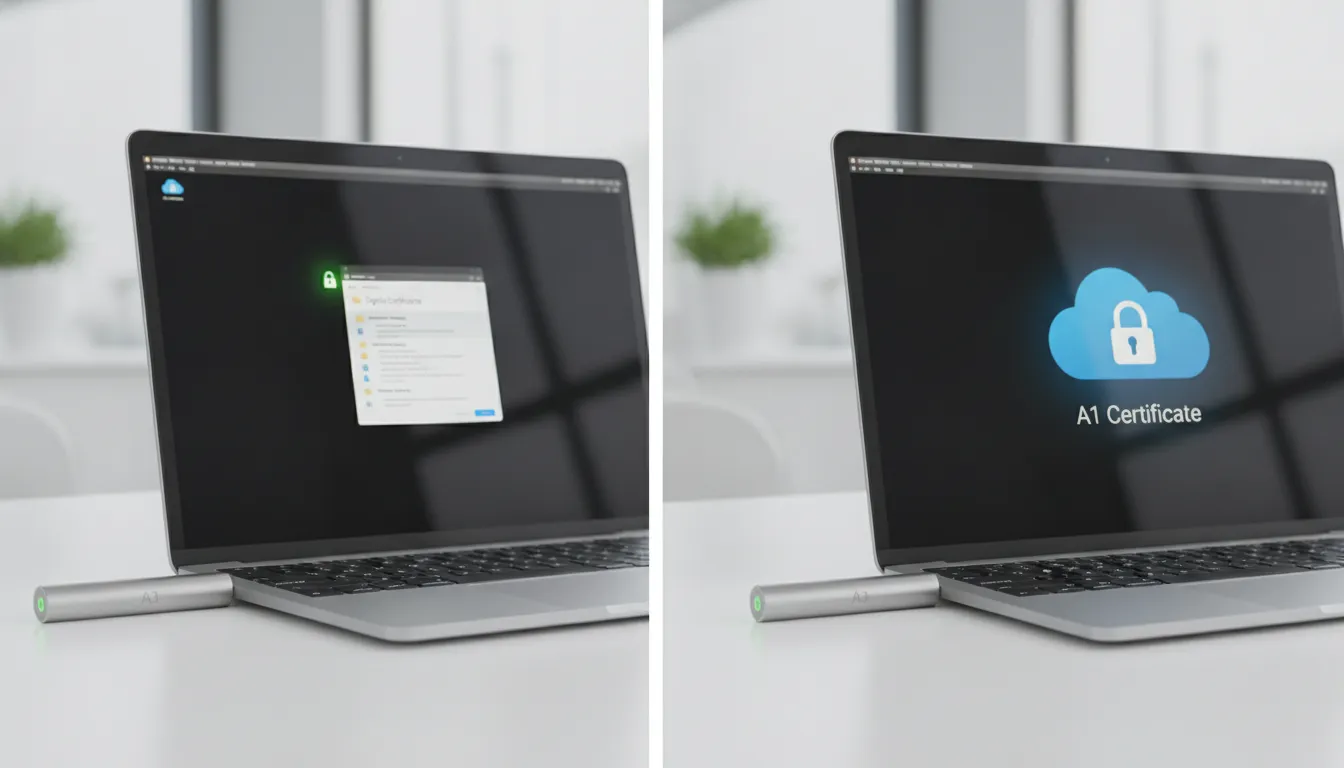 Comparativo visual certificado digital A1 (nuvem) e A3 (token USB) em laptop, destacando tipos.