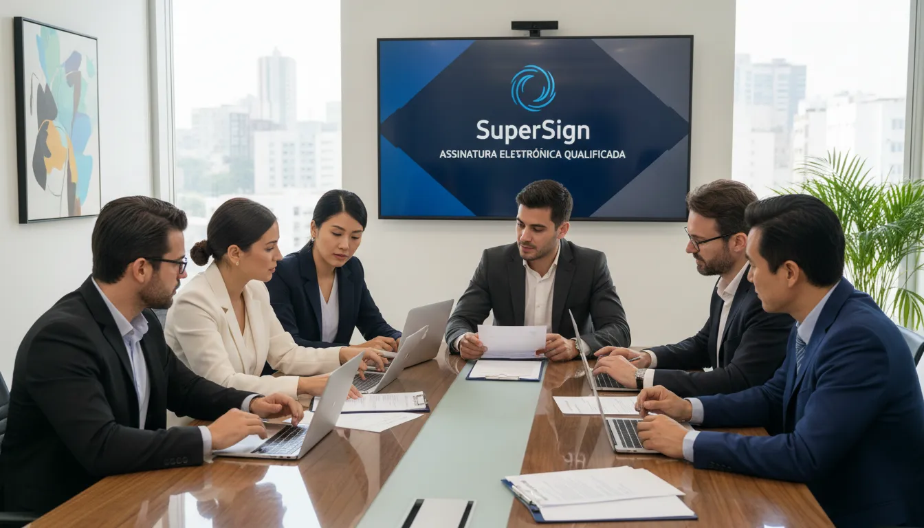 Equipe diversa colaborando em contratos digitais, com foco na assinatura eletrônica qualificada e a solução SuperSign.