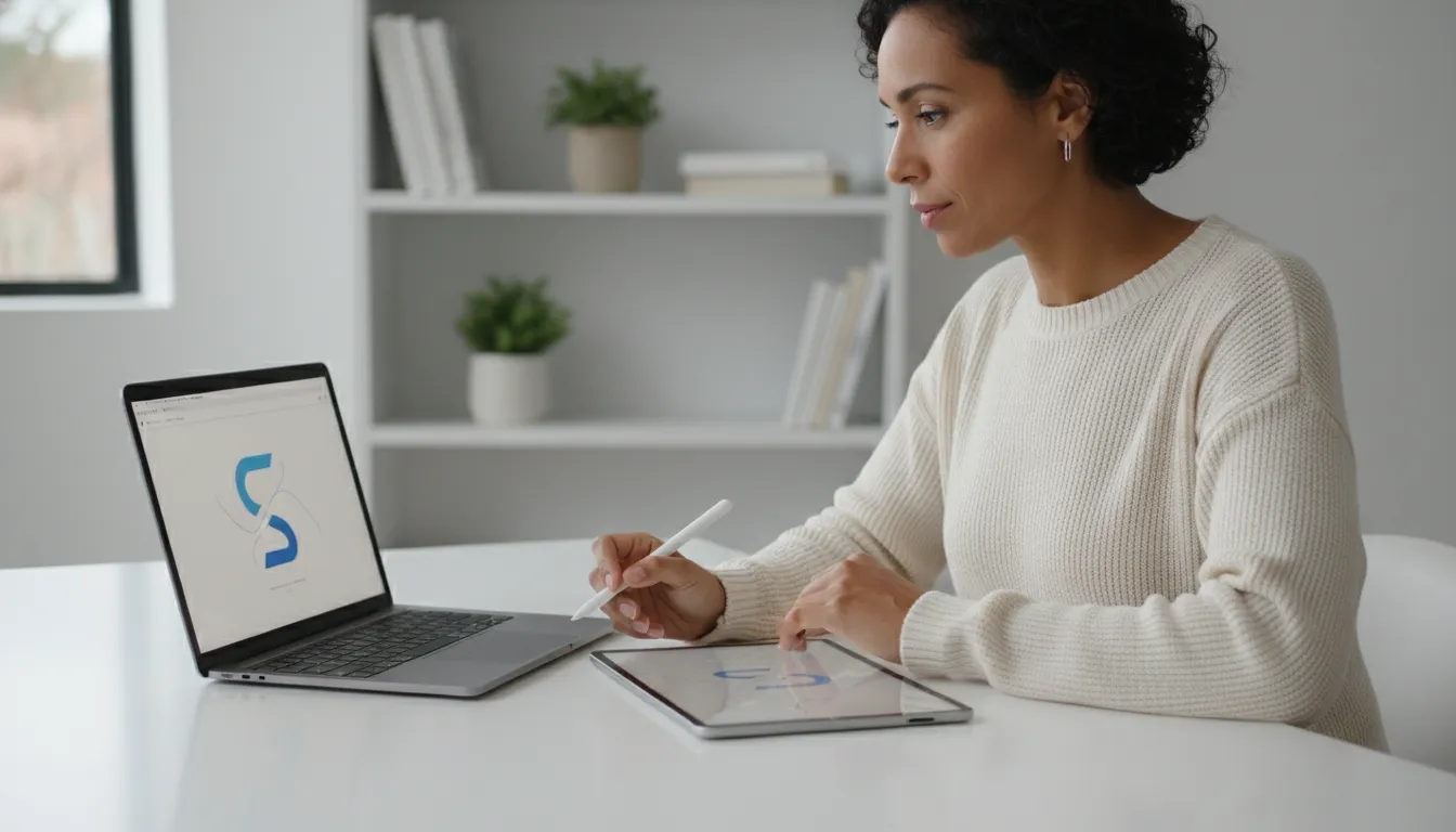 Mulher utiliza plataforma de assinatura eletrônica para gestão de contratos e formalização digital de documentos.
