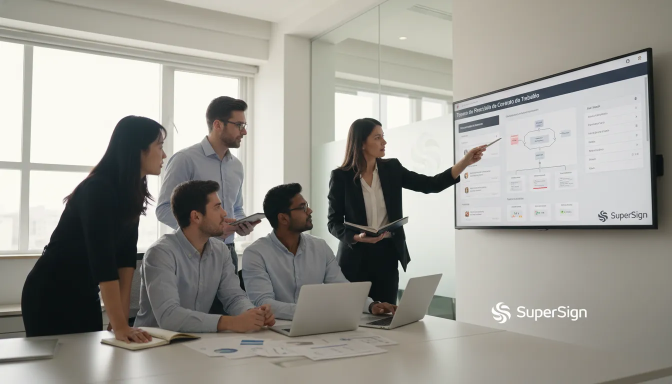 Equipe de RH gerencia digitalmente termo de rescisão de contrato de trabalho, garantindo conformidade legal e segurança.