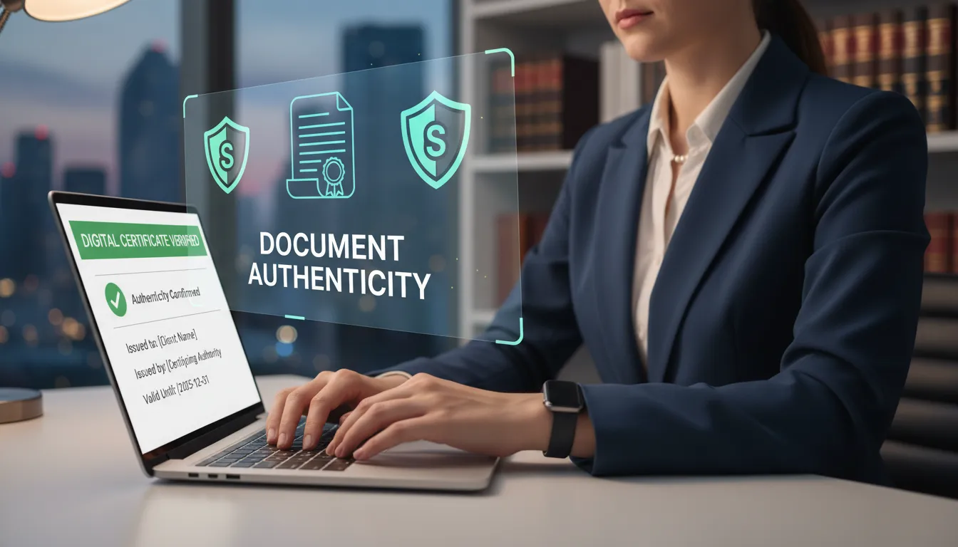 Profissional jurídico validando certificado digital com ícones de segurança