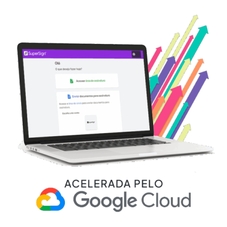 Imagem da plataforma SuperSign, mostrando um laptop com a interface de assinatura digital, destacando simplicidade, segurança, rapidez e plano gratuito, acelerada pelo Google Cloud.